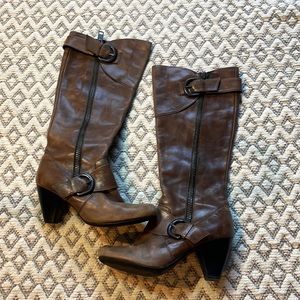 Brown Leather Wooden Heel Knee High Boots